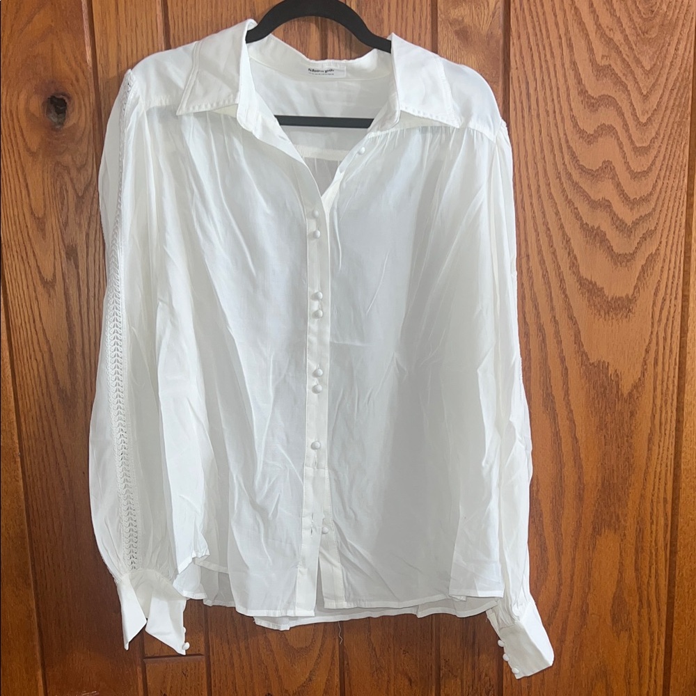 Showpo Classic White Button-Up Blouse Lace Sleeve Size 14